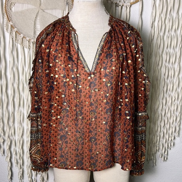 Ulla Johnson Calista Sheer Silk Blouse in Rust Gold and Navy Size 2 - Picture 2 of 14